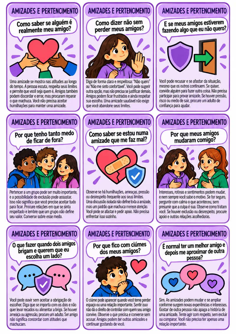 Folha com as cartas do tema Amizades e pertencimento, com perguntas como “Como saber se alguém é realmente meu amigo?”