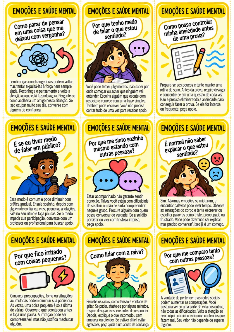 Folha com as cartas do tema Emoções e saúde mental, com perguntas como “Como lidar com a raiva?”