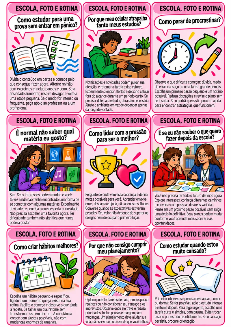 Folha com as cartas do tema Escola, foco e rotina, com perguntas como “Como estudar para uma prova sem entrar em pânico?”