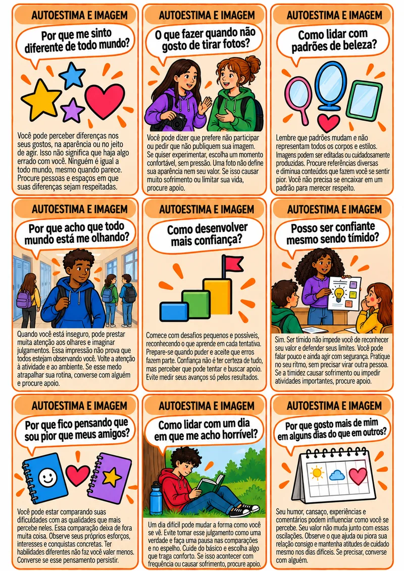 Folha com as cartas do tema Autoestima e imagem, com perguntas como “Como desenvolver mais confiança?”